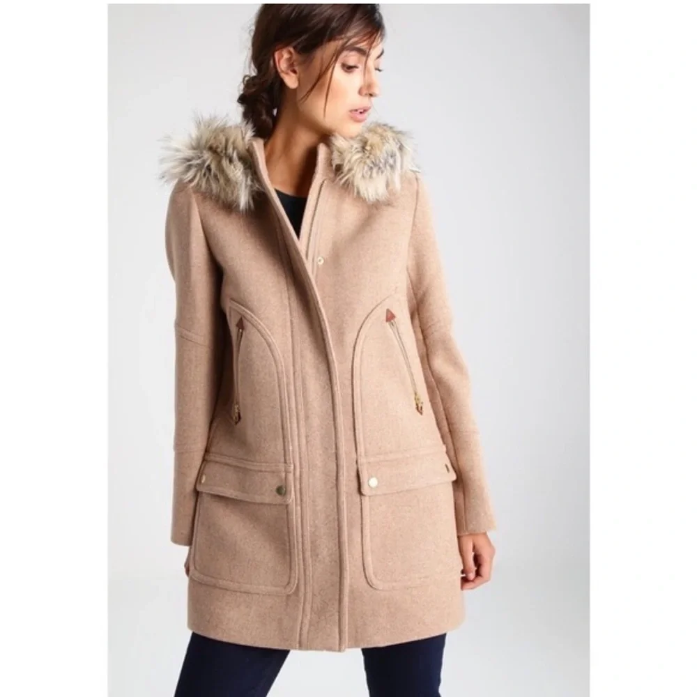 J. Crew Chateau Stadium Cloth Woo Blend Tan Coat with Faux Fur Hood. Size 0